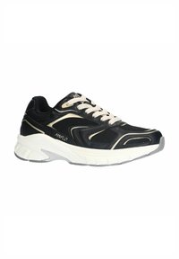 Zwarte sportieve schoen met een mesh bovenwerk en zilveren accenten. Voorzien van een gevoerde zool, veters en een kenmerkend textuurontwerp.