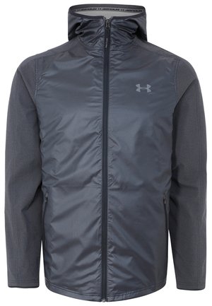Miesten tummanharmaa hupullinen takki, jossa on täysi vetoketju edessä, kaksi sivutaskua ja Under Armour -logo rinnassa.