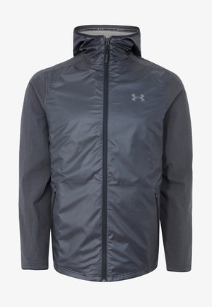 Veste à capuche pour homme de couleur gris foncé avec fermeture éclair complète à l'avant, deux poches latérales et logo Under Armour sur la poitrine.