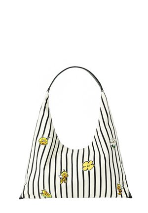 Hobo-style bag made of white fabric with black vertical stripes, featuring yellow embroidered floral and bee designs.