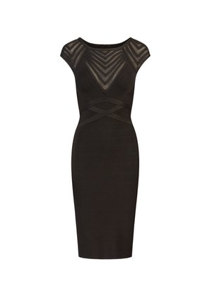 Zwarte aansluitende jurk met korte kapmouwen, met een doorschijnende gestreepte bovenkant, horizontale ribbelstructuur en een lengte tot halverwege de kuit.