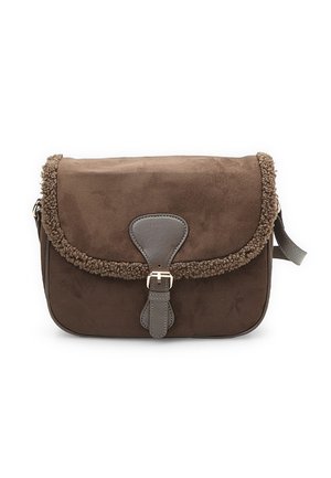 Borsa a tracolla in suede marrone con bordo in pelliccia texturizzata, dotata di chiusura a pattina e accentatura in metallo. Forma compatta e rettangolare.