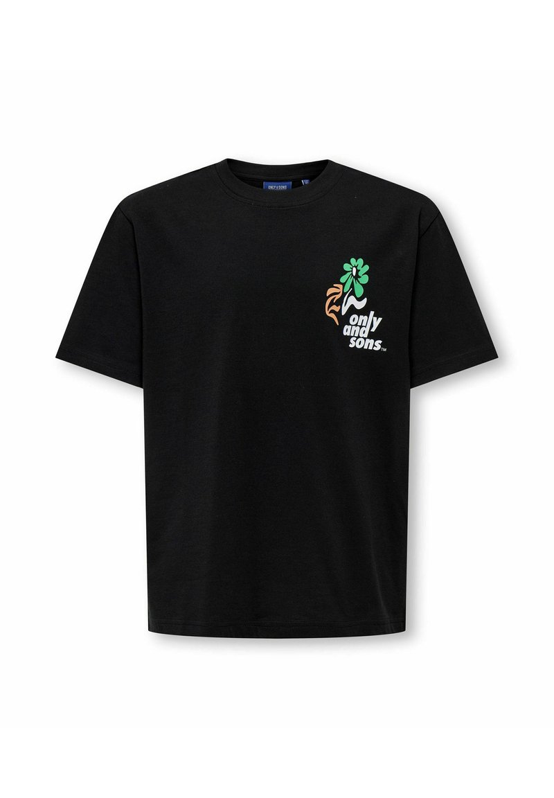 Sort t-shirt med korte ærmer, der har en lille farverig plantegrafik og teksten "only and sons" på venstre bryst.