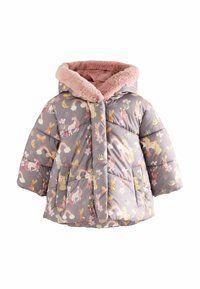 Gepolsterte Jacke in Hellgrau mit einem kragen aus pinkem Kunstfell. Sie hat ein verspieltes Tier- und Regenbogenmuster. Mit Reißverschluss und kurzen Ärmeln.