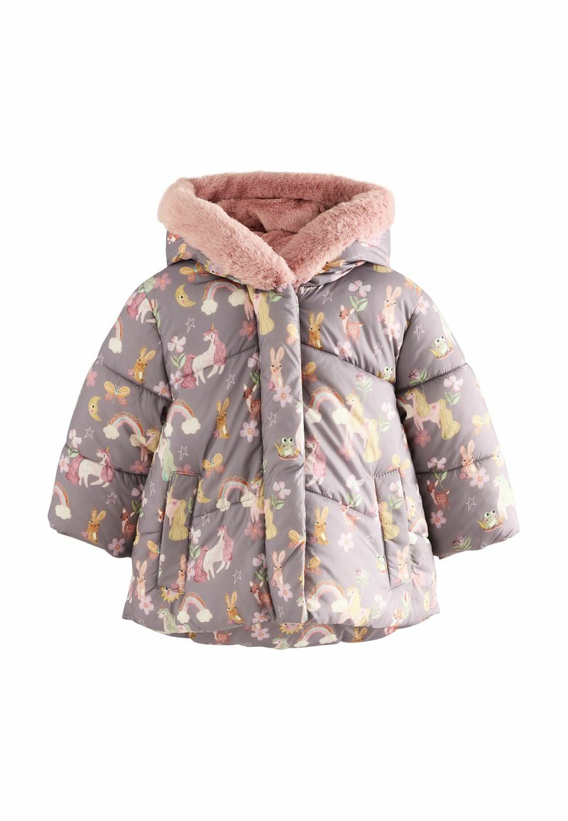 Gepolsterte Jacke in Hellgrau mit einem kragen aus pinkem Kunstfell. Sie hat ein verspieltes Tier- und Regenbogenmuster. Mit Reißverschluss und kurzen Ärmeln.