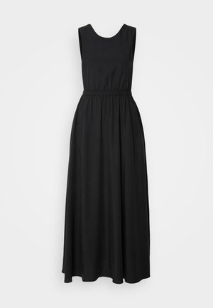 Black sleeveless maxi dress with a round neckline and elastic waist. Made of smooth fabric, it falls gracefully to the ankles without patterns.