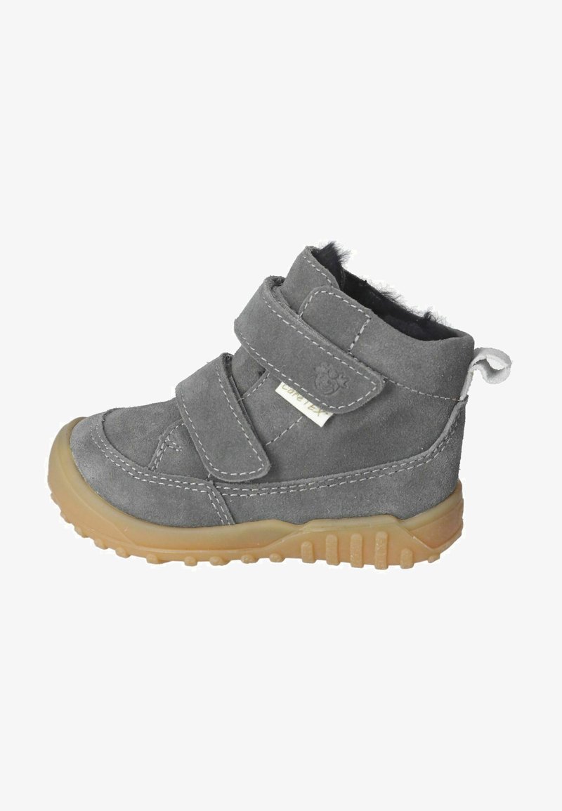 Botín de ante gris con dos correas de Velcro, forro suave, suela de goma tan resistente y costuras decorativas a lo largo de los bordes.