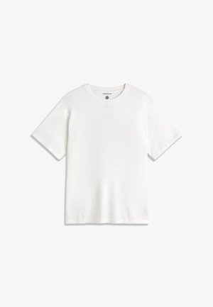 T-shirt blanc uni à manches courtes et col rond, coupe régulière, présenté sur un fond blanc.