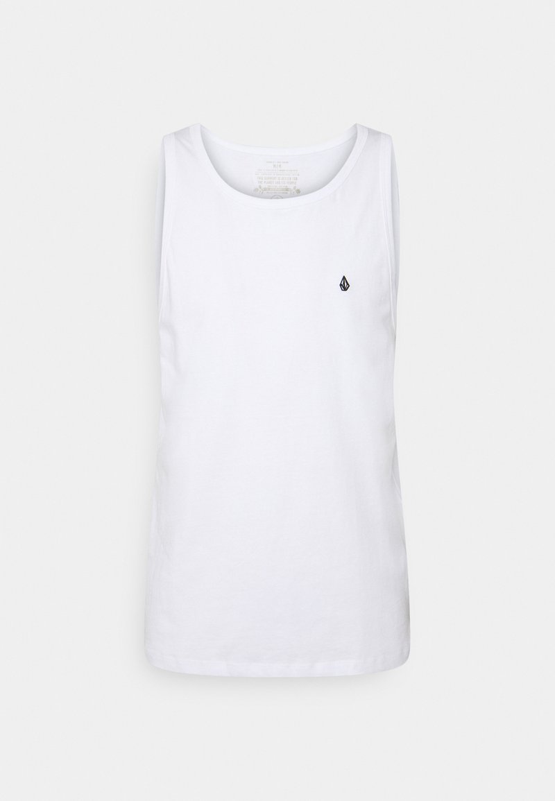 Biały bawełniany top na ramiączkach z okrągłym dekoltem i małym czarnym logo po lewej stronie klatki piersiowej. Prosty, bezrękawnikowy krój o luźnym fasonie.