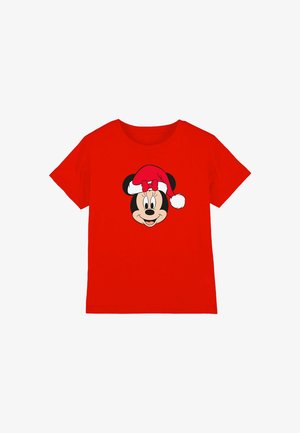 Red cotton t-shirt featuring a black and white graphic of a smiling character wearing a red Santa hat with a white pom-pom and bow.