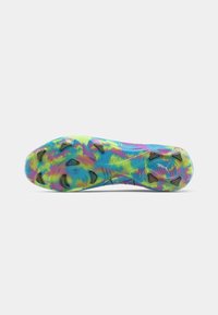 Multicolored athletic shoe outsole with a swirling pattern in blue, green, pink, and yellow; features black studs for traction.