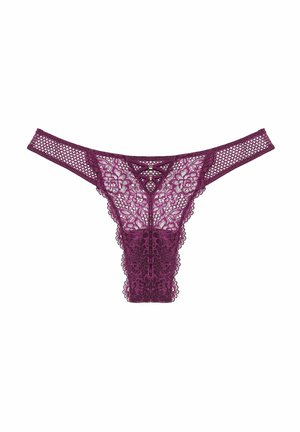 Purple lace thong with floral patterns, mesh sides, and decorative crisscross straps at the front center.
