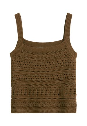 Braunes ärmelloses gehäkeltes Stricktop mit quadratischem Ausschnitt und filigranen Lochmuster-Stickereien.