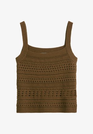 Braunes ärmelloses gehäkeltes Stricktop mit quadratischem Ausschnitt und filigranen Lochmuster-Stickereien.