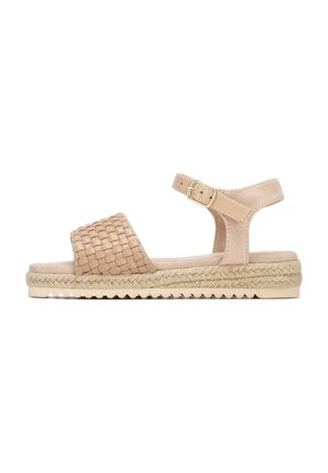 Sandalias beige tejidas con plantilla acolchada, correa en el tobillo y una entresuela envuelta en yute. Presentan una parte superior texturizada y una hebilla ajustable.