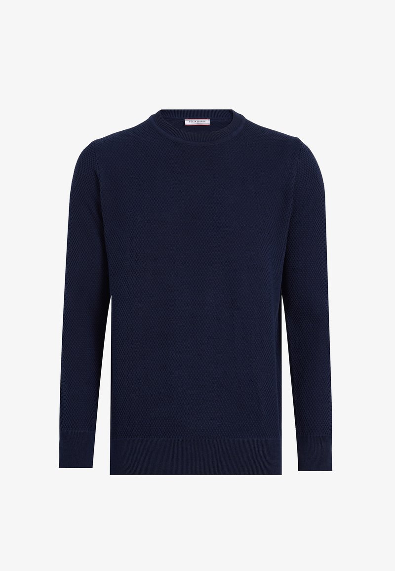 Marineblauer Strickpullover mit strukturierter Oberfläche, Rundhalsausschnitt, langen Ärmeln sowie gerippten Bündchen und Saum. Das Material wirkt weich und atmungsaktiv.