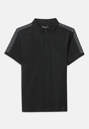 Black polo shirt with a collar, three buttons, and short sleeves. Features gray patterned accents along the shoulders. Soft cotton material.