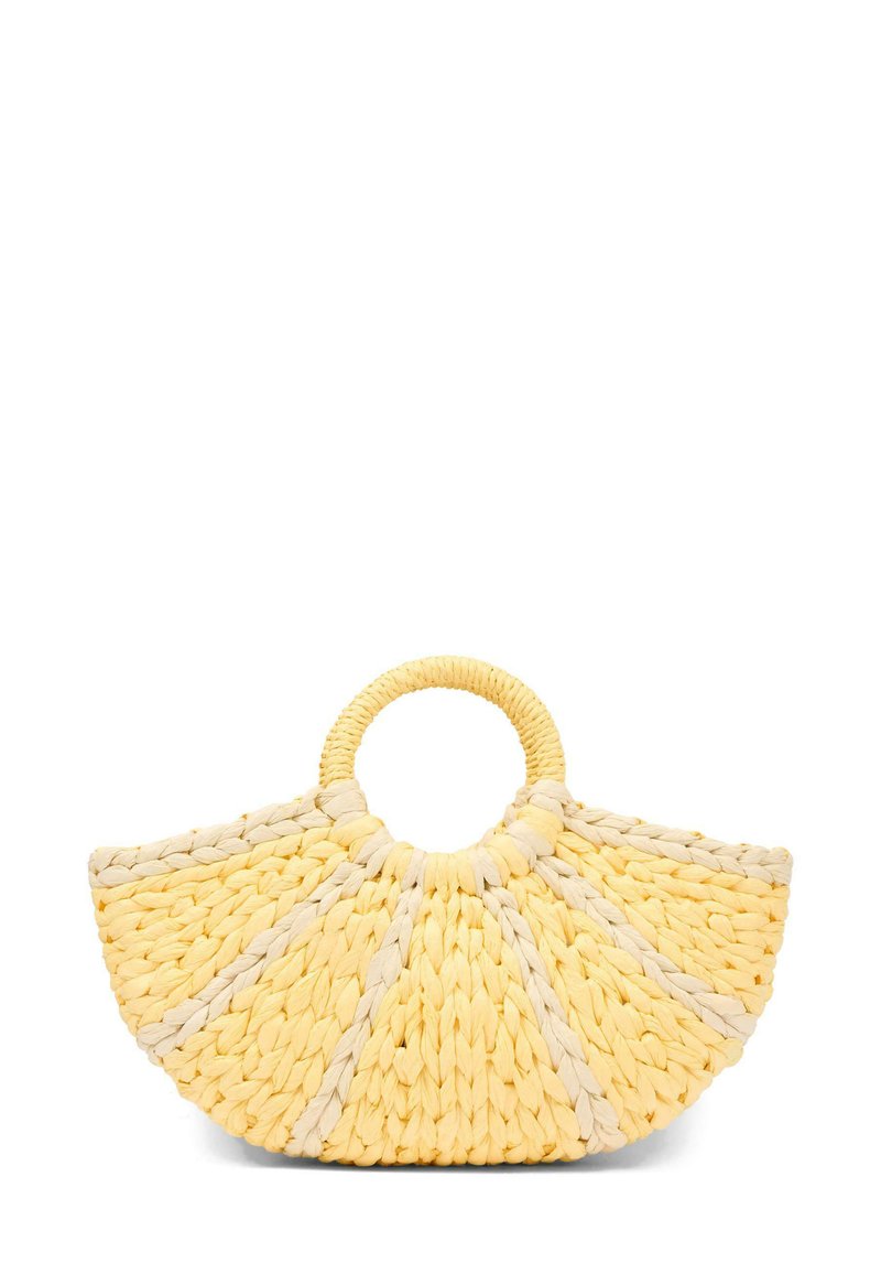 Borsa a tracolla gialla intessuta a forma di mezzaluna, con un manico circolare e accenti beige a contrasto per un tocco di dettaglio in più.