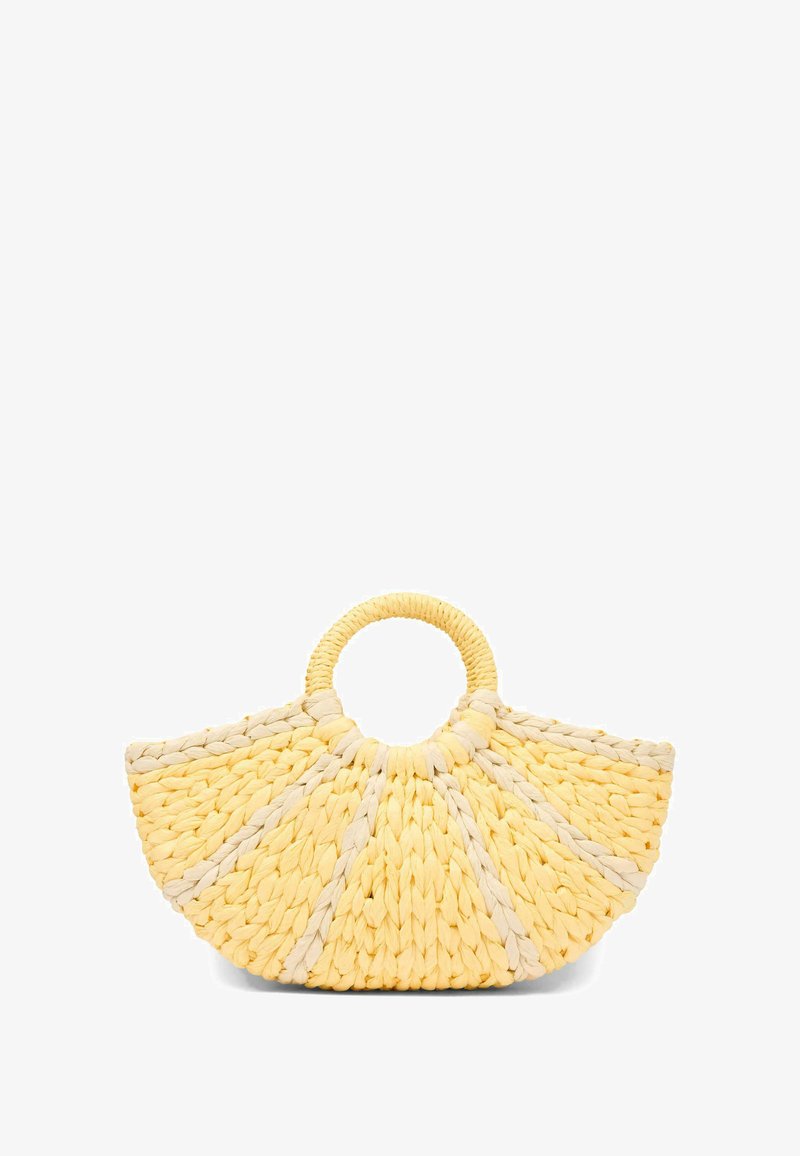 Borsa a tracolla gialla intessuta a forma di mezzaluna, con un manico circolare e accenti beige a contrasto per un tocco di dettaglio in più.