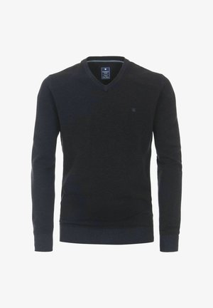 Dunkelblauer V-Ausschnitt-Pullover, gerippte Bündchen und Saum, strukturiertes Strickmuster, mit kleinem Logo auf der Brust, aus weichem Stoff.