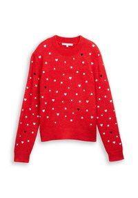 Roter Pullover mit Rundhalsausschnitt, der mit weißen und schwarzen herzförmigen Mustern sowie einer weichen Textur verziert ist. Lange Ärmel mit Rippbündchen.
