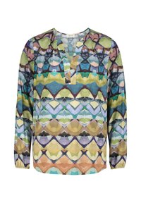 Bluzka z długim rękawem z kolorowym geometrycznym wzorem w odcieniach zieleni, niebieskiego, fioletu i brązu; dekolt w kształcie litery V, luźny krój, lekka tkanina.