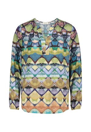 Langærmet bluse med et farverigt geometrisk mønster i nuancer af grøn, blå, lilla og brun; V-udskæring, afslappet pasform, letvægtsstof.