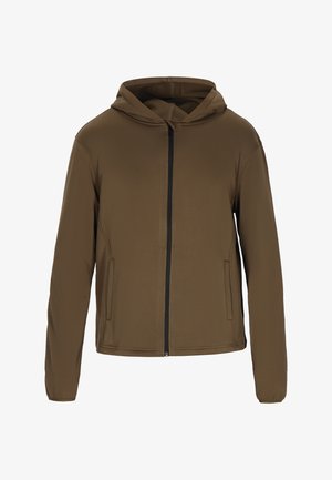 Hnědá kapucňová bunda vyrobená z měkké látky, s plným předním zipem a bočními kapsami, s čistým, bezproblémovým designem a elastickými manžetami.