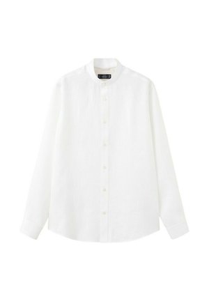 Weißes Langarmhemd mit Stehkragen, geradem Saum und Manschetten mit einem einzelnen Knopf vor einfachem Hintergrund.