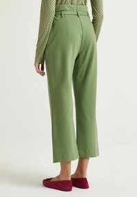 Green, wide-leg trousers made of soft fabric, featuring a high waist and belt loops. Paired with red slip-on shoes. Back view.