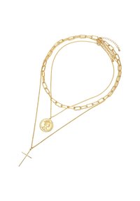 Zelta daudzslāņu kaklarota ar plakanu ķēdi, ovālām saitēm, apļveida piekari ar profila dizainu un krusta piekari.