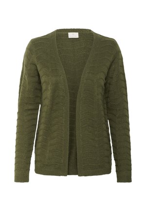 Olijfgroene cardigan met een gestructureerd, golfachtig patroon, open voorkant en lange mouwen. Gemaakt van een gebreid materiaal, met een relaxte pasvorm.