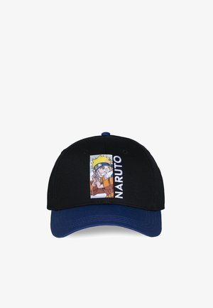 Casquette noire et bleue avec une image brodée du personnage Naruto et le texte "NARUTO" sur le panneau avant.