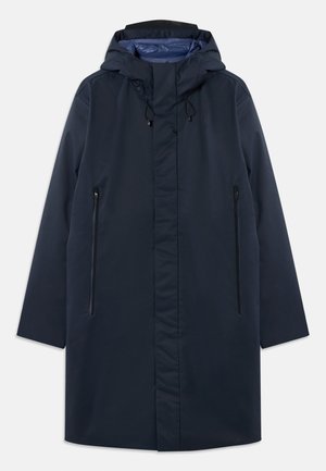 Marineblauer wasserdichter Parka mit abnehmbarem Kapuzenkragen, Vorderreißverschlusstaschen und glattem Innenfutter. Verfügt über einen geraden Schnitt und ein minimalistisches Design.