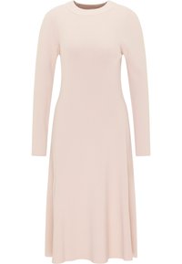 Långärmad klänning i pastellrosa med rund halsringning. Tillverkad av mjukt, ruggat tyg som flödar försiktigt från midjan.