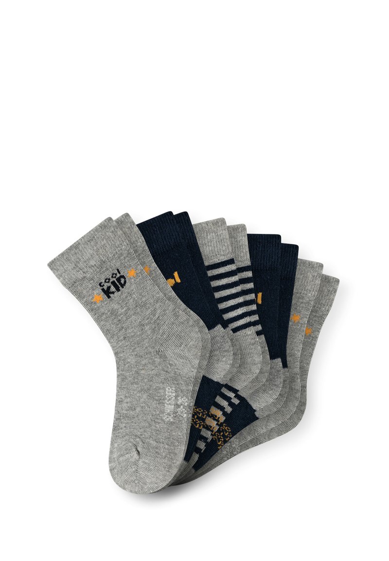Set of eight cotton socks in gray and navy. Features include solid colors, stripes, and playful graphics with a soft texture.