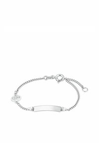 Pulsera de plata con un diseño de cadena y una placa rectangular lisa y vacía para grabar. Incluye un cierre de langosta.