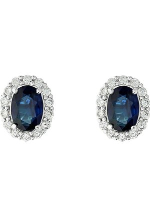 Ovale, blaue Edelsteine Ohrringe, umgeben von einem Halo aus kleinen klaren Steinen, gefasst in silberfarbenem Metall. Glatte Textur, polierte Oberfläche.