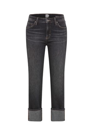 Jeans dritti grigi scuri con orli piegati, bottone anteriore e zip, passanti per cintura, e tasche anteriori e posteriori.