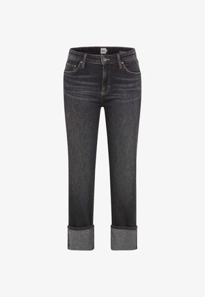 Dunkelgraue gerade geschnittene Jeans mit umgeschlagenen Säumen, vorderem Knopf und Reißverschluss, Gürtelschlaufen sowie Vorder- und Gesäßtaschen.