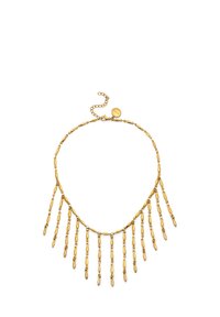 Collana in tono oro con anelli allungati e un design a frange che scendono. Presenta una chiusura a scatto e una lunghezza regolabile con un'estensore a catena.