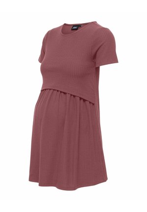 Haljina za trudnice s kratkim rukavima, rebrasta, u boji mauve, s višeslojnim gornjim dijelom i skupljenom suknjom, dizajnirana za udobnost i stil.