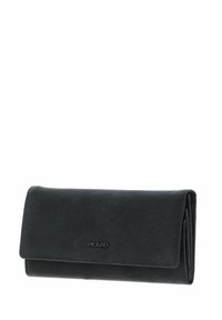 Portefeuille en cuir noir avec une surface texturée, design pliable, et logo embossé "PICARD" sur le devant. Simple et fonctionnel.