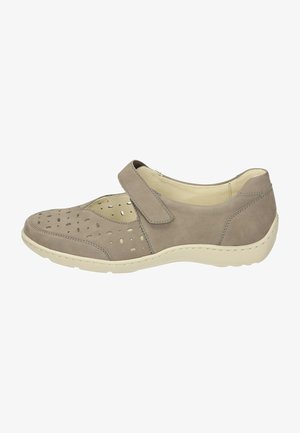 Gray suede shoe with perforated design, Velcro strap, rounded toe, and light rubber sole. Features a textured edge and cushioned interior.