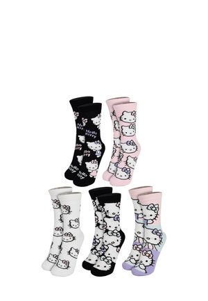 Set aus sechs Socken mit Hello Kitty-Designs. Die Farben umfassen Schwarz, Weiß und Pink. Das Material scheint aus Baumwolle mit einer weichen Textur zu bestehen.