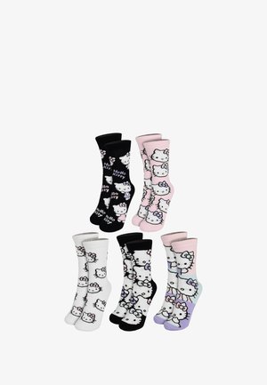 Set of six socks featuring Hello Kitty designs. Colors include black, white, and pink. Material appears to be cotton with a soft texture.