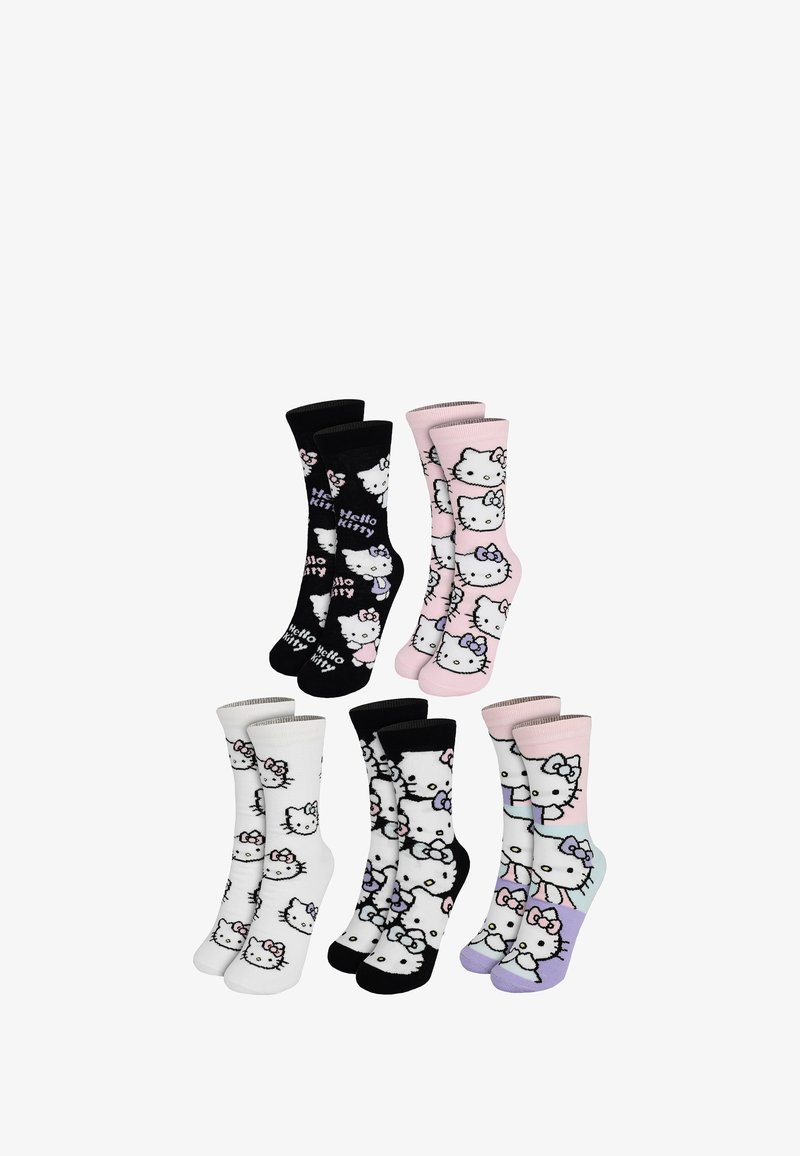 Set aus sechs Socken mit Hello Kitty-Designs. Die Farben umfassen Schwarz, Weiß und Pink. Das Material scheint aus Baumwolle mit einer weichen Textur zu bestehen.