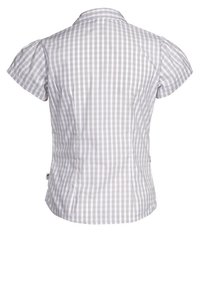 Lyhythihainen, istuva paita vaaleanharmaana, jossa on hienovarainen ruudullinen kuvio. Siinä on klassinen kaulus ja kaareva helma, jotka antavat räätälöidyn ilmeen.