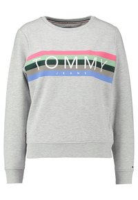 Felpa grigia con polsini e orlo a coste, caratterizzata da un audace design a righe orizzontali in rosa, verde, blu e nero, con il logo "TOMMY JEANS".