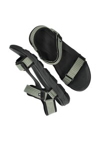 Black and olive green sandals with grid-patterned straps, rubber soles, adjustable buckles, and padded footbeds for comfort.